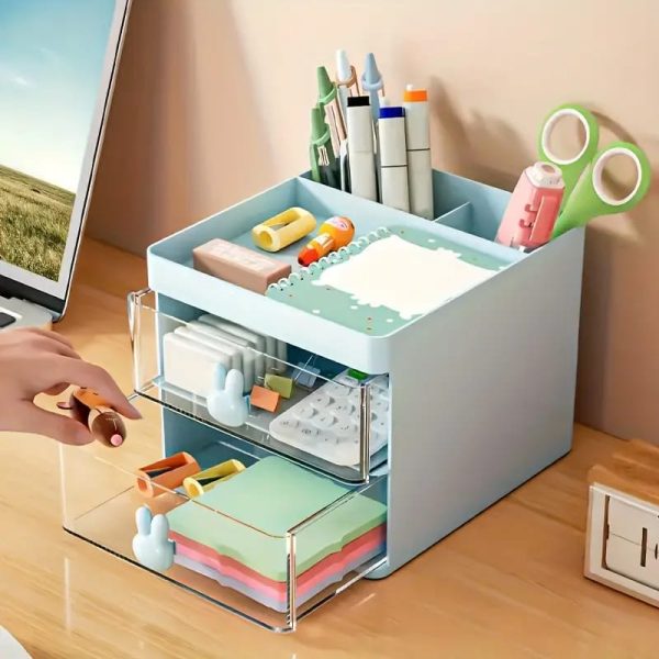 Clear Desk Organizer with Rabbit Handle – Ideal for Pens, Makeup, Jewelry & More (Random Color)