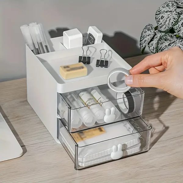 Clear Desk Organizer with Rabbit Handle – Ideal for Pens, Makeup, Jewelry & More (Random Color)