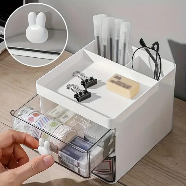Clear Desk Organizer with Rabbit Handle – Ideal for Pens, Makeup, Jewelry & More (Random Color)